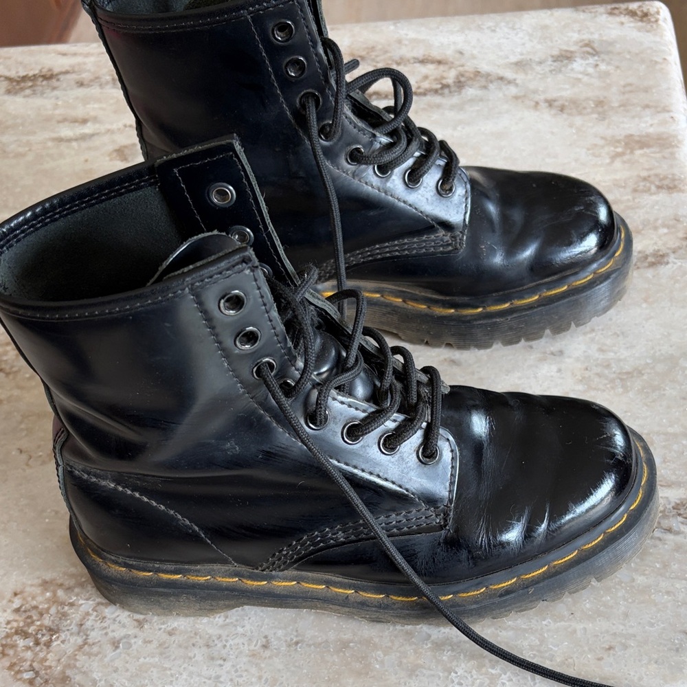Black Dr Martin  patent Leather Lace-Up Boots. Ladies size 7.  Hardly used.